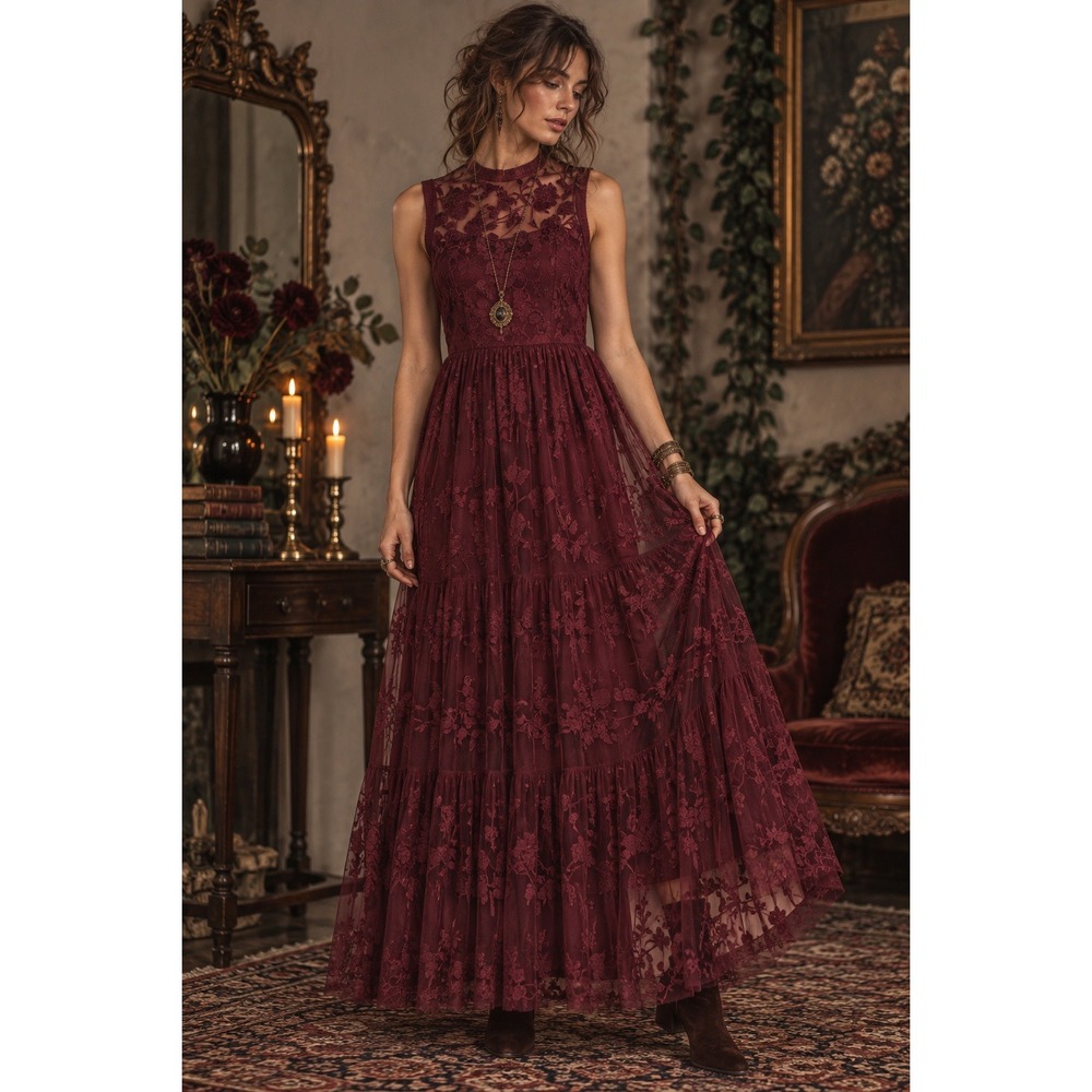 Tolani Rielle Dress PM Wine Red Embroidered Lace Tiered Maxi Boho Goth Victorian